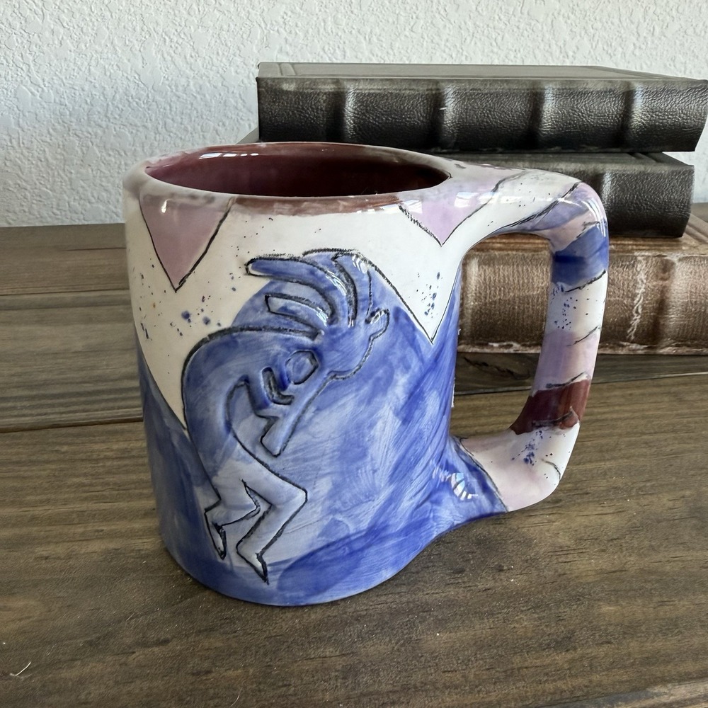 Mara Handcrafted Stoneware Pottery Mug w/Dancing‎ Kokopelli Design Blue White
